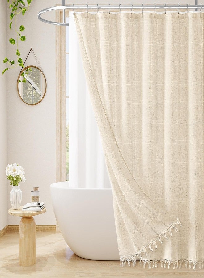 Craidlela Long Linen Farmhouse Shower Curtain Set with Tassel, Modern Boho French Country Chic Bathroom Shower Curtain Set with PEVA Liner, Cotton Hollow Fabric Shower Curtain 72x78 - Beige/Cream - Image 1
