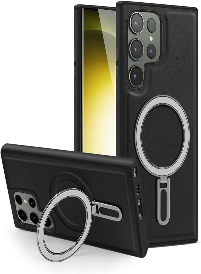Next Next store Slim Leather Case Designed for Samsung Galaxy S24 Ultra, with Invisible Magnetic Stand Compatible with Shockproof and Drop Resistant Phone Cases Support Wireless Charging (Black)