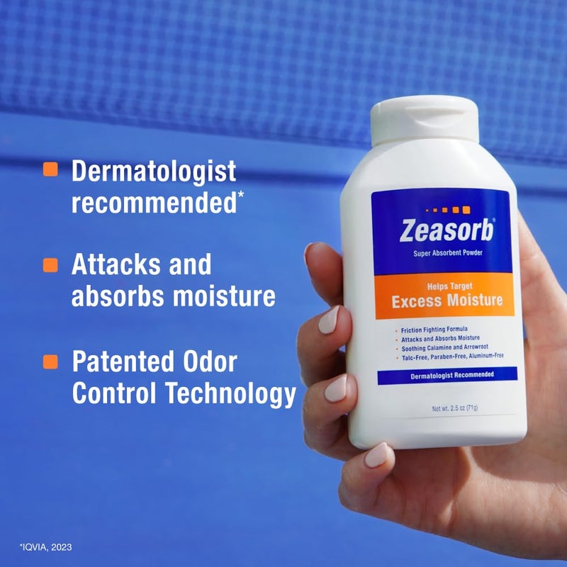 Zeasorb بودرة زيازورب للتحكم في الرطوبة الزائدة، سوبر ماص، للقدمين والجسم، موصى بها من قبل أطباء الجلد، تركيبة مقاومة للاحتكاك مع تقنية التحكم في الروائح الحاصلة على براءة اختراع، زجاجة 2.5 أونصة - Image 2