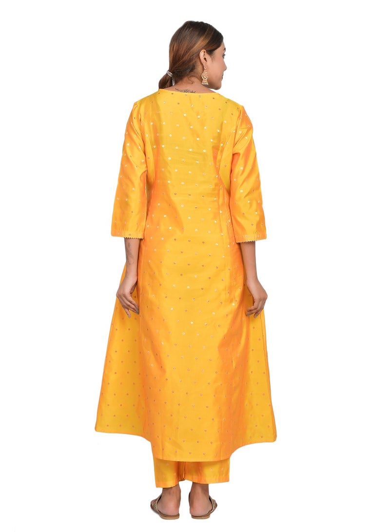 Riara Women Silver Yellow Kurta Pant Set Summer Suit Solid Colour Flared Kurti with Pant Casual Kurta Set for Girls Art Silk (Taffeta Booty) Size XL  - Image 4