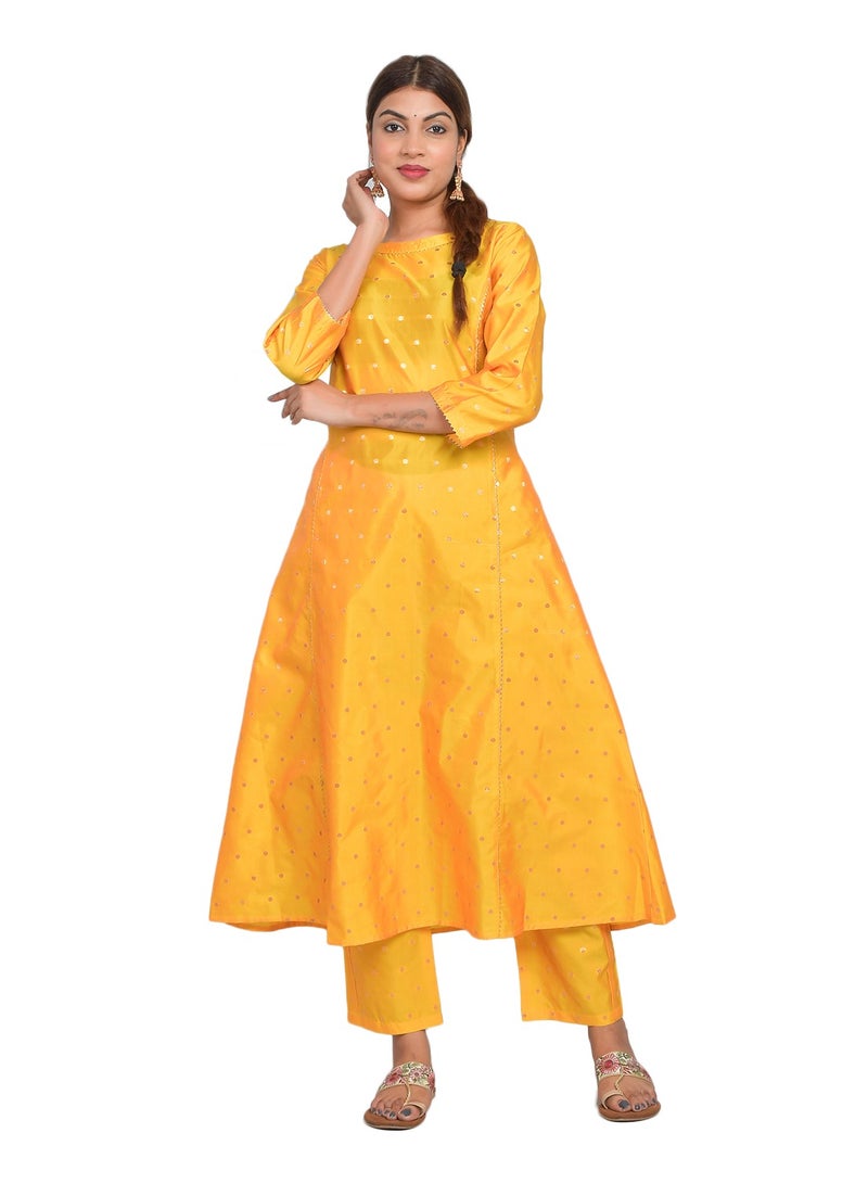 Riara Women Silver Yellow Kurta Pant Set Summer Suit Solid Colour Flared Kurti with Pant Casual Kurta Set for Girls Art Silk (Taffeta Booty) Size XL  - Image 2