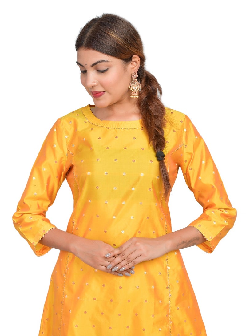 Riara Women Silver Yellow Kurta Pant Set Summer Suit Solid Colour Flared Kurti with Pant Casual Kurta Set for Girls Art Silk (Taffeta Booty) Size XL  - Image 3