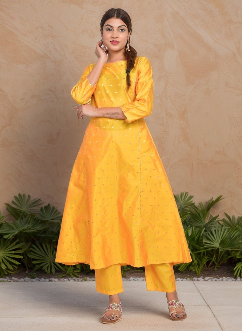 Riara Women Silver Yellow Kurta Pant Set Summer Suit Solid Colour Flared Kurti with Pant Casual Kurta Set for Girls Art Silk (Taffeta Booty) Size XL  - Image 1
