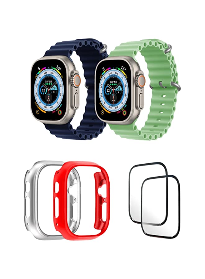 IAF Silicone Ocean Band Strap for Apple Watch Ultra 8 49mm Dark Blue/Mint Green , Case Compatible with Apple Watch Ultra 49mm Silver/Red , 2* pcs Watch glass Set of 6