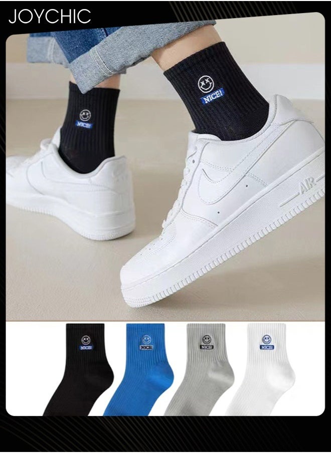 Joychic - 4 Pair of Trendy Men Spring and Summer Winter Mid-calf Cotton Socks Boys Students Casual Sweat-absorbent Smiling Face Design Sports Socks - Image 1