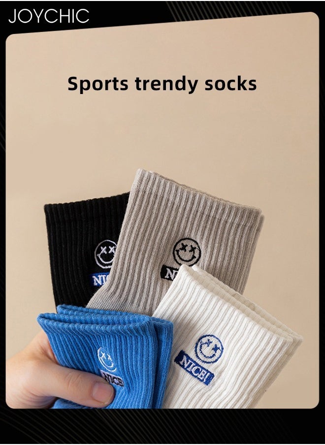 Joychic - 4 Pair of Trendy Men Spring and Summer Winter Mid-calf Cotton Socks Boys Students Casual Sweat-absorbent Smiling Face Design Sports Socks - Image 1