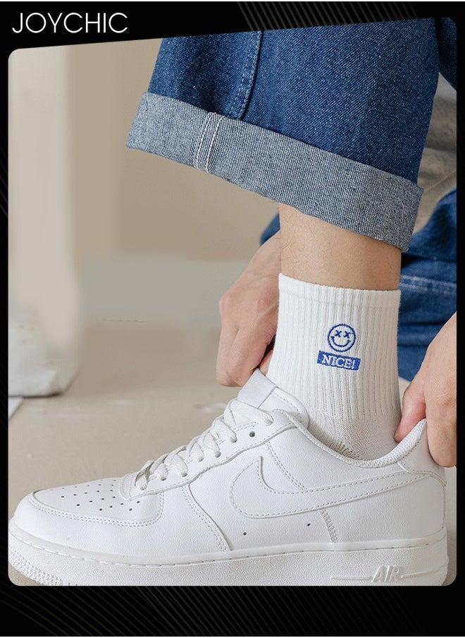 Joychic - 4 Pair of Trendy Men Spring and Summer Winter Mid-calf Cotton Socks Boys Students Casual Sweat-absorbent Smiling Face Design Sports Socks - Image 1