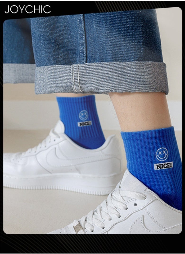 Joychic - 4 Pair of Trendy Men Spring and Summer Winter Mid-calf Cotton Socks Boys Students Casual Sweat-absorbent Smiling Face Design Sports Socks - Image 1
