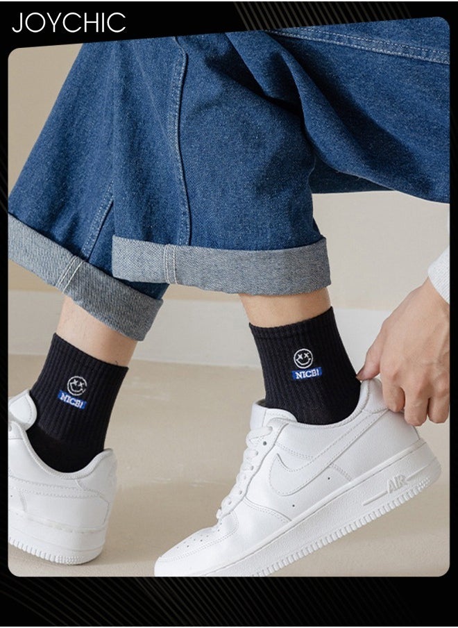 Joychic - 4 Pair of Trendy Men Spring and Summer Winter Mid-calf Cotton Socks Boys Students Casual Sweat-absorbent Smiling Face Design Sports Socks - Image 1
