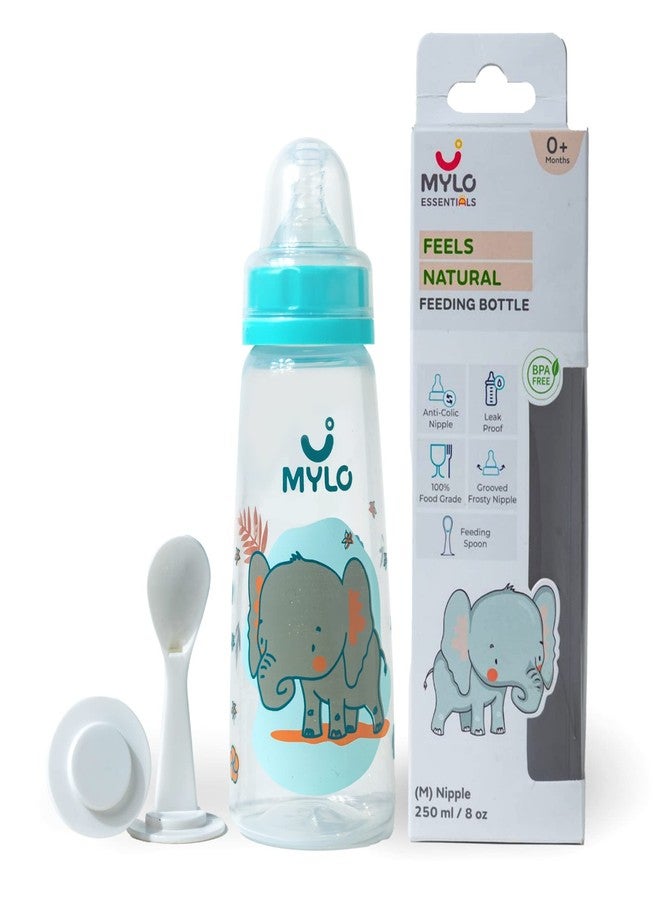 Mylo Baby 2 in 1 Feeding Bottle with Spoon (250 ml) for New Born Baby | Anti Colic & BPA Free Feeding Bottles | Feels Natural Baby Bottle | Easy Flow Neck Design- Blue Elephant - Image 1