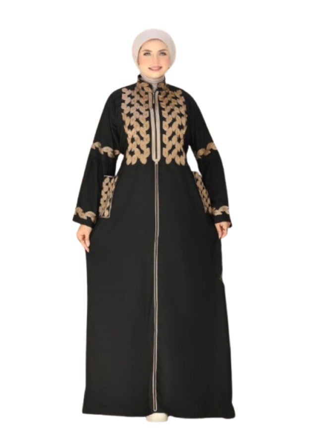 Women's embroidered abaya for going out and receiving guests (sizes 1 and 2 up to 120 kg) - High-quality imported Marasi Al-Ahram fabric with luxurious gold embroidery - Image 1