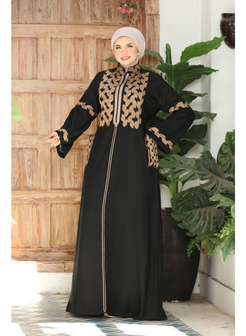Women's embroidered abaya for going out and receiving guests (sizes 1 and 2 up to 120 kg) - High-quality imported Marasi Al-Ahram fabric with luxurious gold embroidery - Image 3