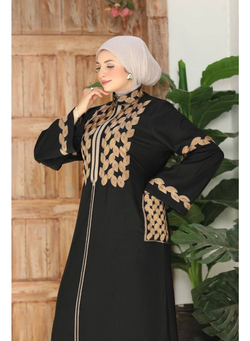 Women's embroidered abaya for going out and receiving guests (sizes 1 and 2 up to 120 kg) - High-quality imported Marasi Al-Ahram fabric with luxurious gold embroidery - Image 5