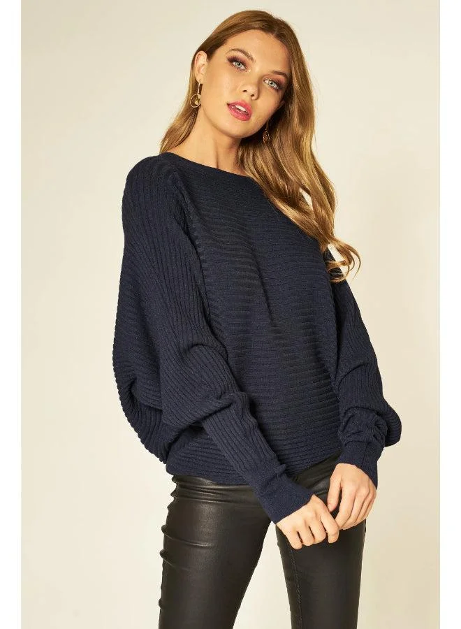 Hoxton Gal Relaxed Fit Navy Knitted Sweater – Long Sleeve Crew Neck Jumper