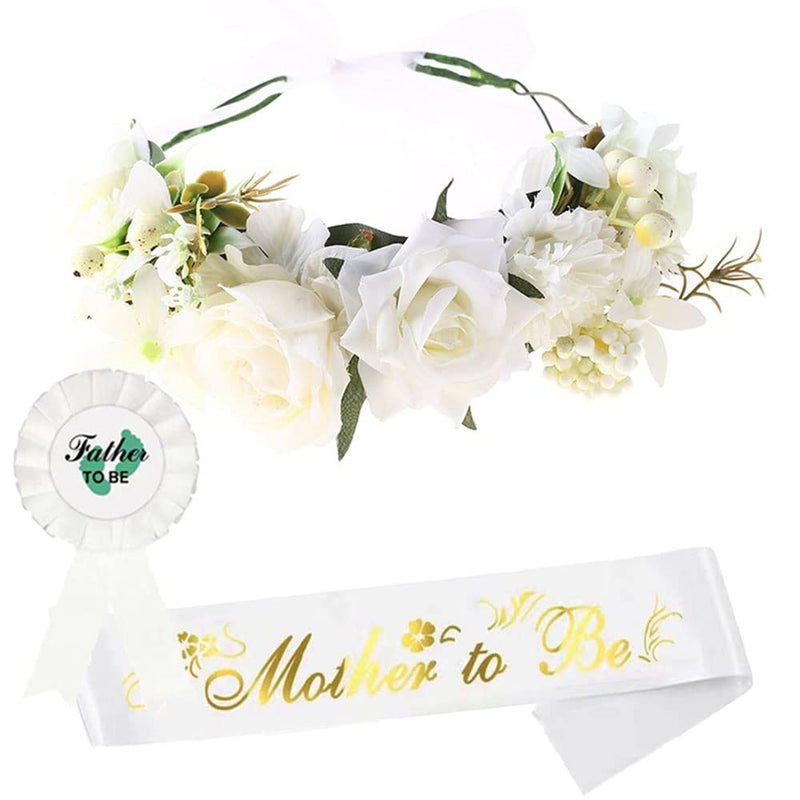 Ulfanit Baby Shower Decorations for Mom to Be  Set of 3 Adjustable Flower Crown Tiara Sash for Mommy and Pin for Daddy White Gender Reveal Party Gift Favors for Expectant Parents - Image 1