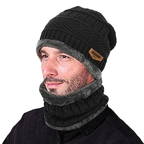 Aeoss 2-Pieces Winter Beanie Hat Scarf Set Warm Knit Hat Thick Knit Skull Cap for Men Women (Black) - Image 1