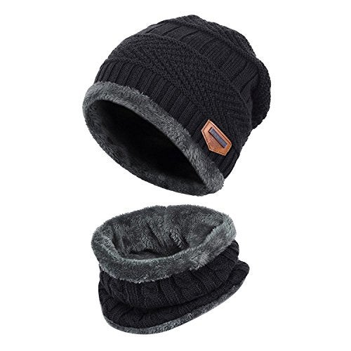 Aeoss 2-Pieces Winter Beanie Hat Scarf Set Warm Knit Hat Thick Knit Skull Cap for Men Women (Black) - Image 3