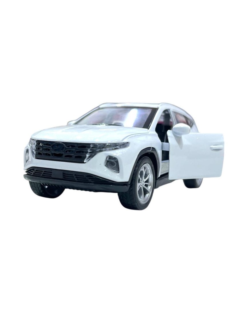 نموذج سيارة هيونداي توسان الرياضية متعددة الاستخدامات بمقياس 1:36 مع أضواء وصوت - سيارة رياضية للأطفال مصنوعة من خليط معدني، سيارة لعبة معدنية مصبوبة - أبواب أمامية مفتوحة - لون أبيض - Image 1