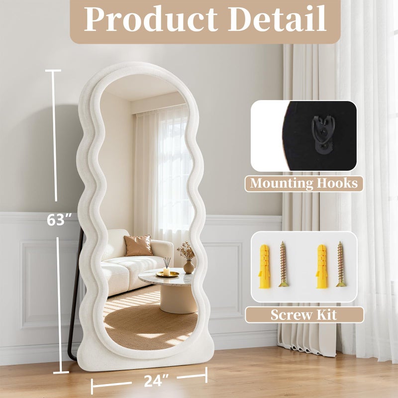 FlyEcho Full Length Mirror, 63"x24" Full Body Mirrors, Flannel Floor Mirrors with Stand, Irregular Wavy Mirror Hanging or Leaning Against Wall for Bedroom Living Room, Black - Image 5