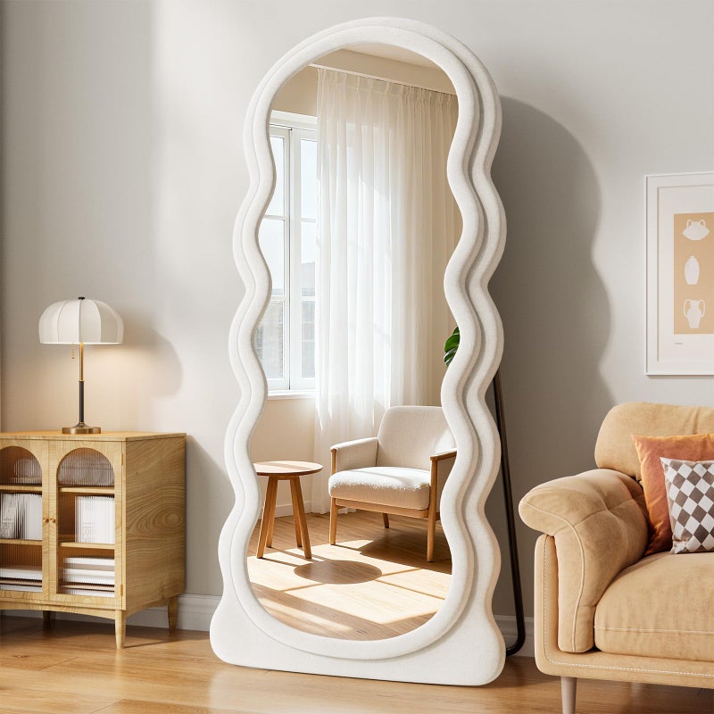 FlyEcho Full Length Mirror, 63"x24" Full Body Mirrors, Flannel Floor Mirrors with Stand, Irregular Wavy Mirror Hanging or Leaning Against Wall for Bedroom Living Room, Black - Image 1