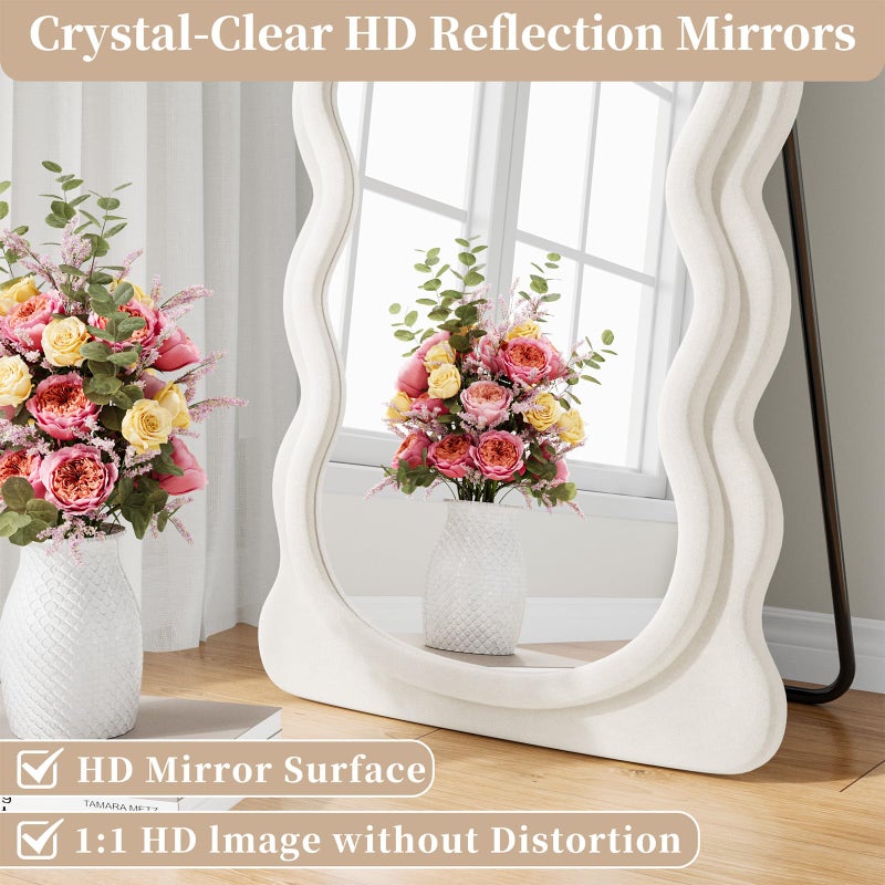 FlyEcho Full Length Mirror, 63"x24" Full Body Mirrors, Flannel Floor Mirrors with Stand, Irregular Wavy Mirror Hanging or Leaning Against Wall for Bedroom Living Room, Black - Image 3