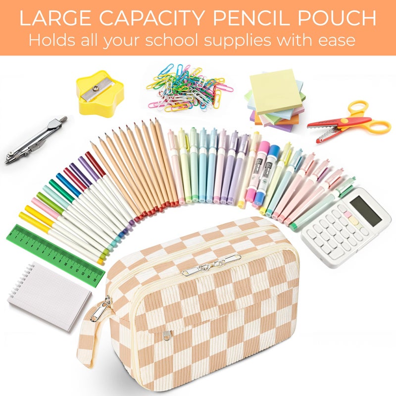 WOBAGMEN Cute Pencil Case,Large Corduroy Zippered Pencil Case Pouch, aesthetic Pencil Bag with Compartments, Pencil Pouch School Supplies (HY-corduroy pc-checked) - Image 5