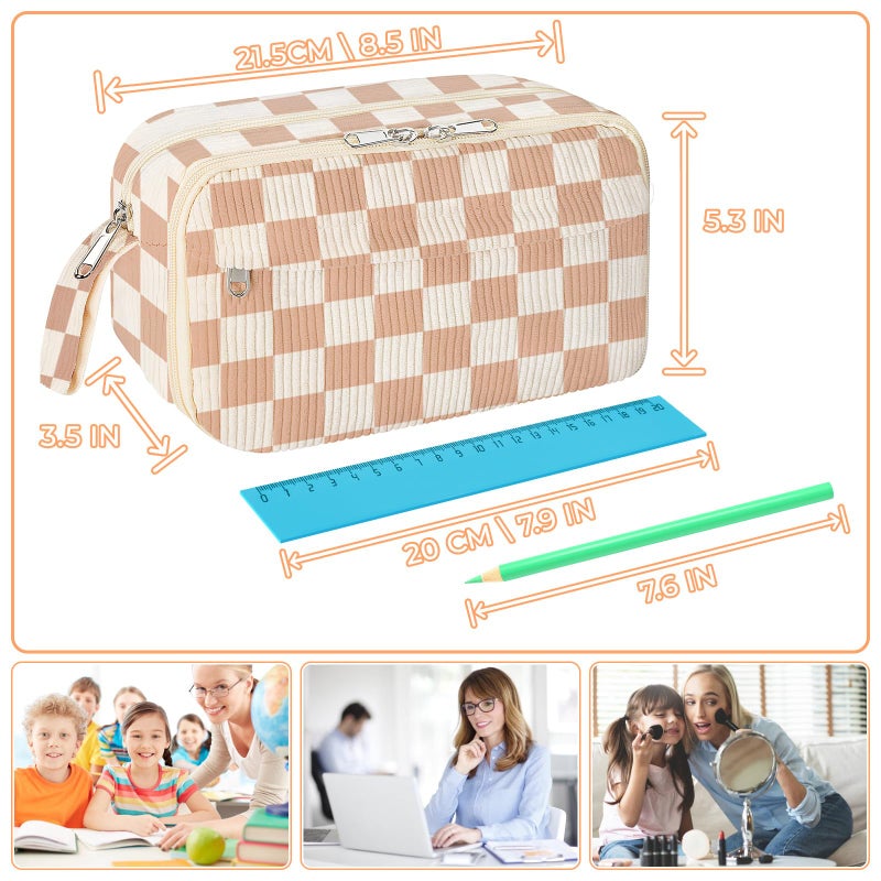 WOBAGMEN Cute Pencil Case,Large Corduroy Zippered Pencil Case Pouch, aesthetic Pencil Bag with Compartments, Pencil Pouch School Supplies (HY-corduroy pc-checked) - Image 2
