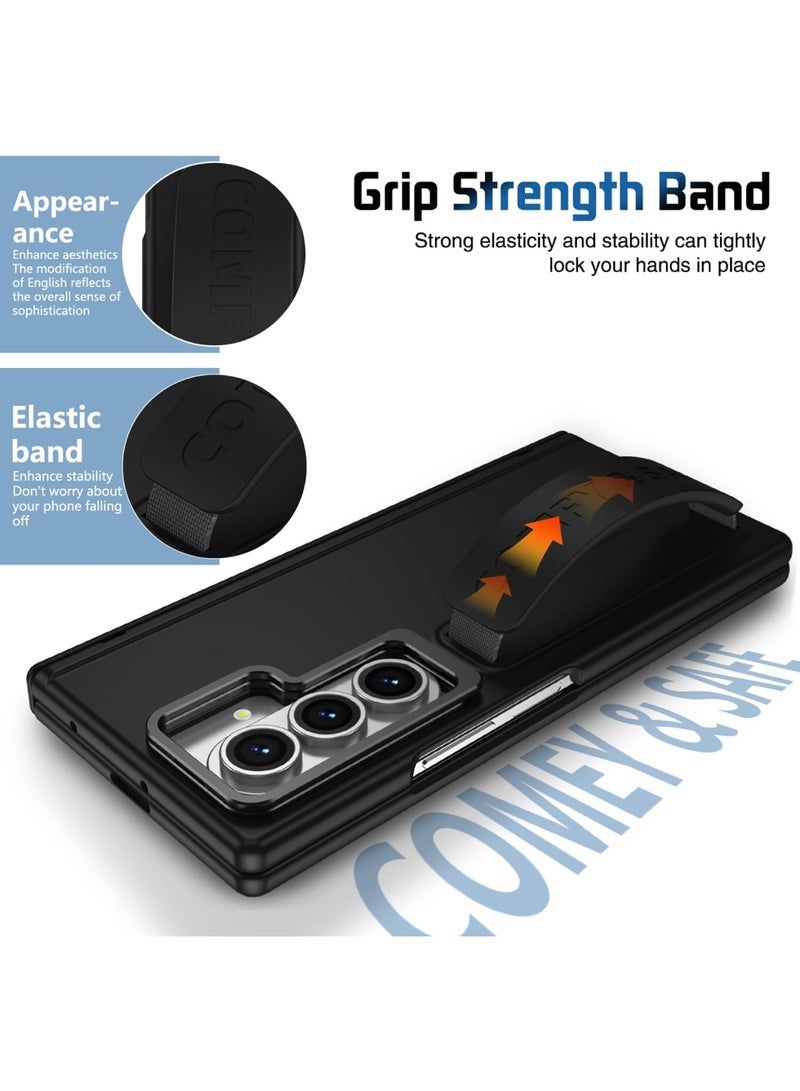 Aookay for Samsung Galaxy Z Fold 7 Protect Case with Wristband & Lens Stand, Bulit-in Screen & Hinge Protection Shockproof Full Body Drop Fall Protection (Black) - Image 3