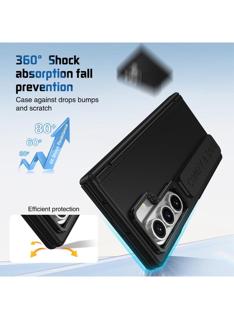 Aookay for Samsung Galaxy Z Fold 7 Protect Case with Wristband & Lens Stand, Bulit-in Screen & Hinge Protection Shockproof Full Body Drop Fall Protection (Black) - Image 2