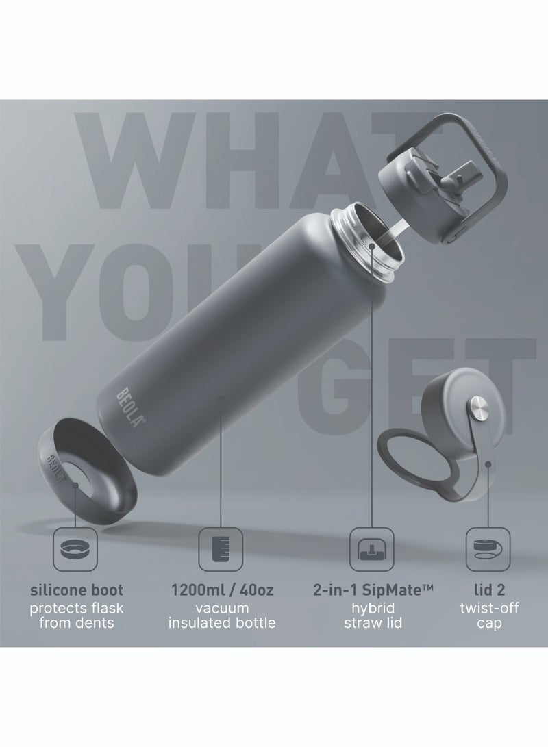 BEOLA 1200ml Water Bottle 18/8 Stainless Steel 304 Double Wall Insulated Thermos Bottle, with wide mouth, 2 lids included, Hot Cold Liquids Sports Bottle bella, 40oz (Lava Gray)  - Image 2