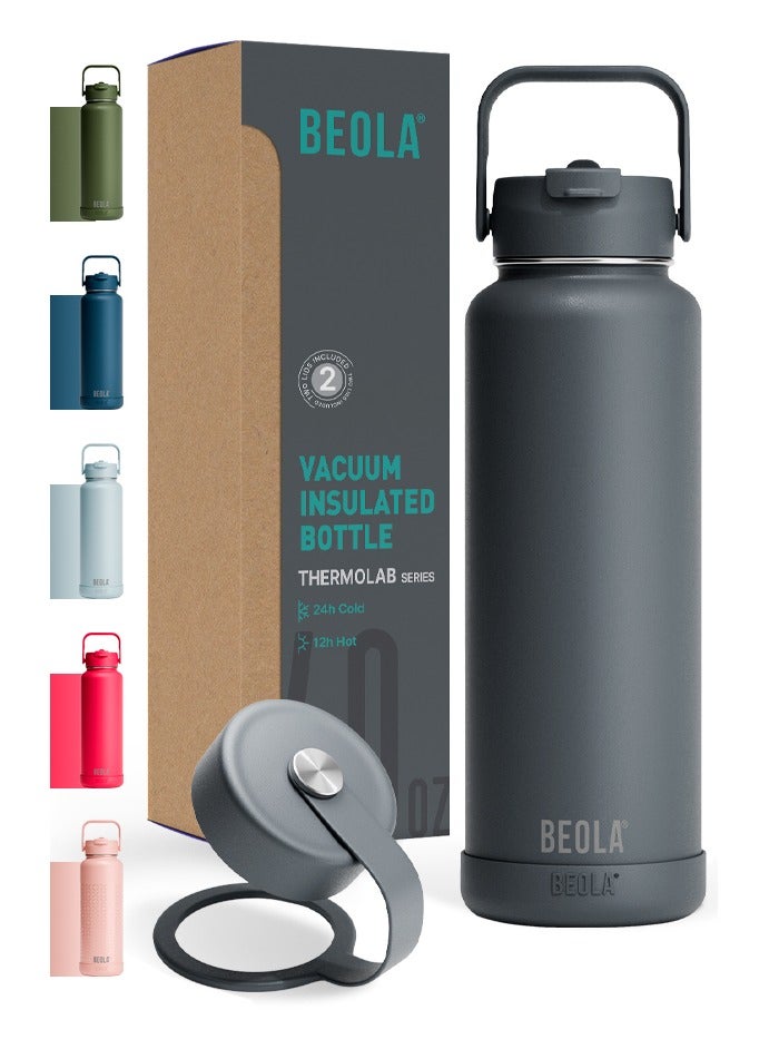BEOLA 1200ml Water Bottle 18/8 Stainless Steel 304 Double Wall Insulated Thermos Bottle, with wide mouth, 2 lids included, Hot Cold Liquids Sports Bottle bella, 40oz (Lava Gray)  - Image 1