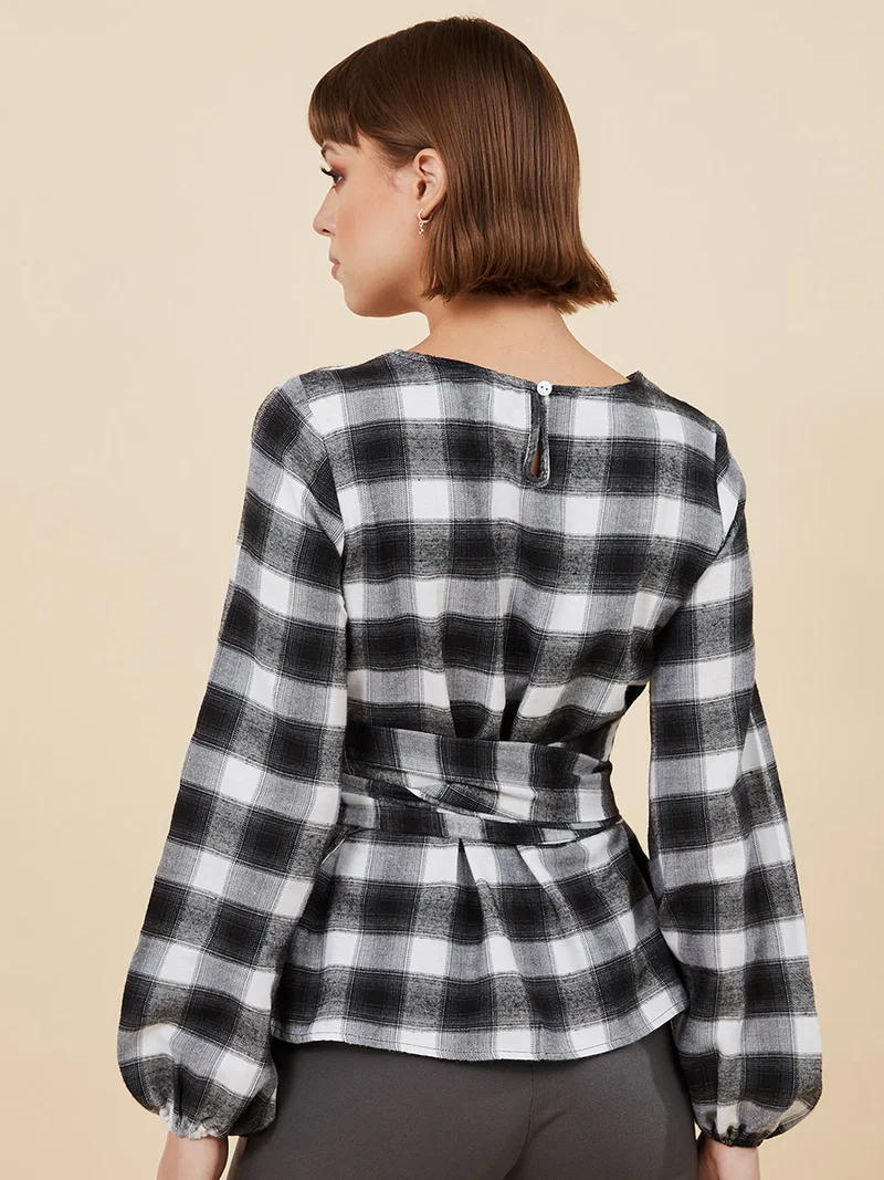 Styli Checkered Pattern Round Neck Long Sleeve Waist Tie Blouse