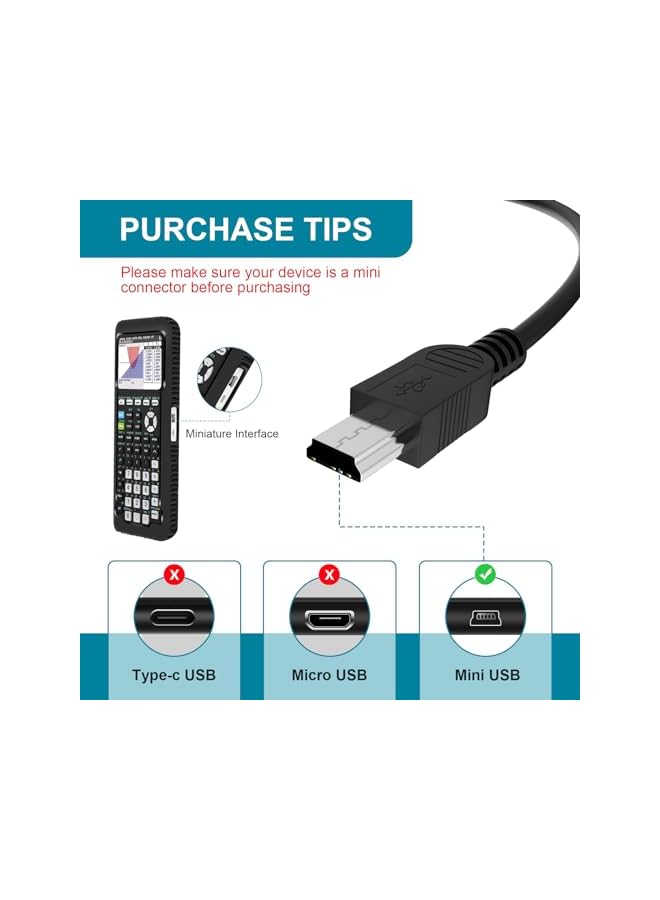 Green Tiger كابل شحن USB لجهاز الكمبيوتر لجهاز TI-84 بلس، TI-84 بلس CE، TI 89 تيتانيوم، TI Nspire CX / TI Nspire CX CAS لآلات الحاسبة الرسومية - Image 2