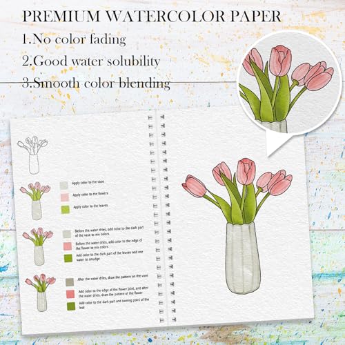 ADEVIAN 3Pcs Watercolor Workbook Paint Book Beginner Friendly Painting Kit, 36 Pages Workbooks with 24 Paint Colors & Brush for Beginners, Stress-Relieving Gift for Women Adults (Bouquet&Animals&Birds) - Image 3