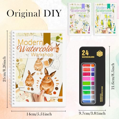 ADEVIAN 3Pcs Watercolor Workbook Paint Book Beginner Friendly Painting Kit, 36 Pages Workbooks with 24 Paint Colors & Brush for Beginners, Stress-Relieving Gift for Women Adults (Bouquet&Animals&Birds) - Image 5