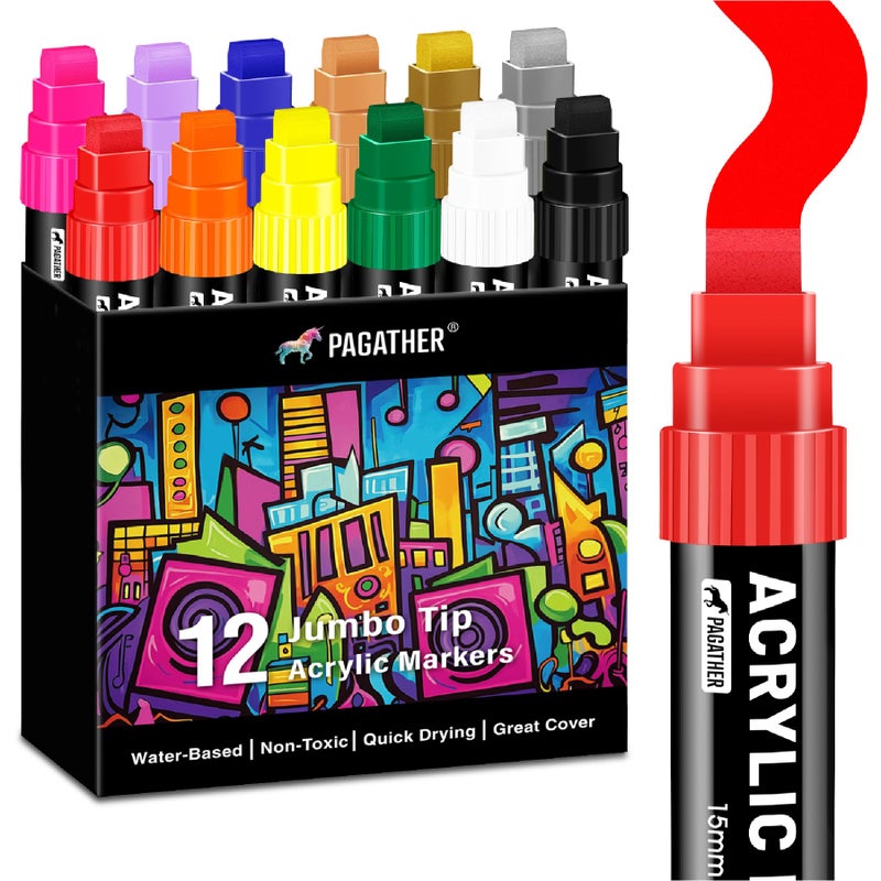 Pagather 12 Colors Jumbo Acrylic Markers with 15mm Felt Tip â€“ Large Permanent Paint Pens for Rock Painting, Stone, Poster, Canvas, Glass, Wood, Ceramic - Image 1