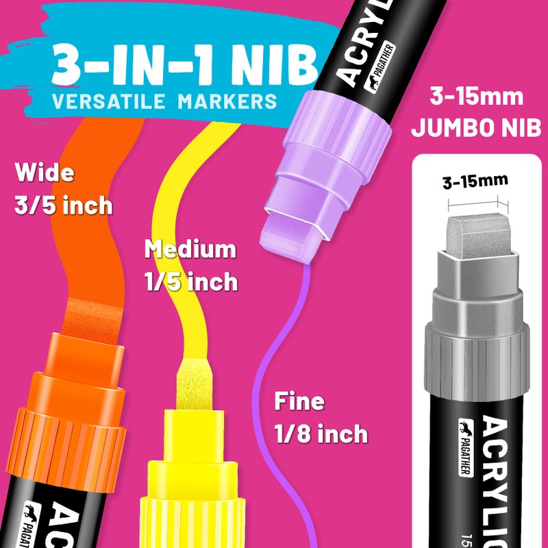 Pagather 12 Colors Jumbo Acrylic Markers with 15mm Felt Tip â€“ Large Permanent Paint Pens for Rock Painting, Stone, Poster, Canvas, Glass, Wood, Ceramic - Image 2
