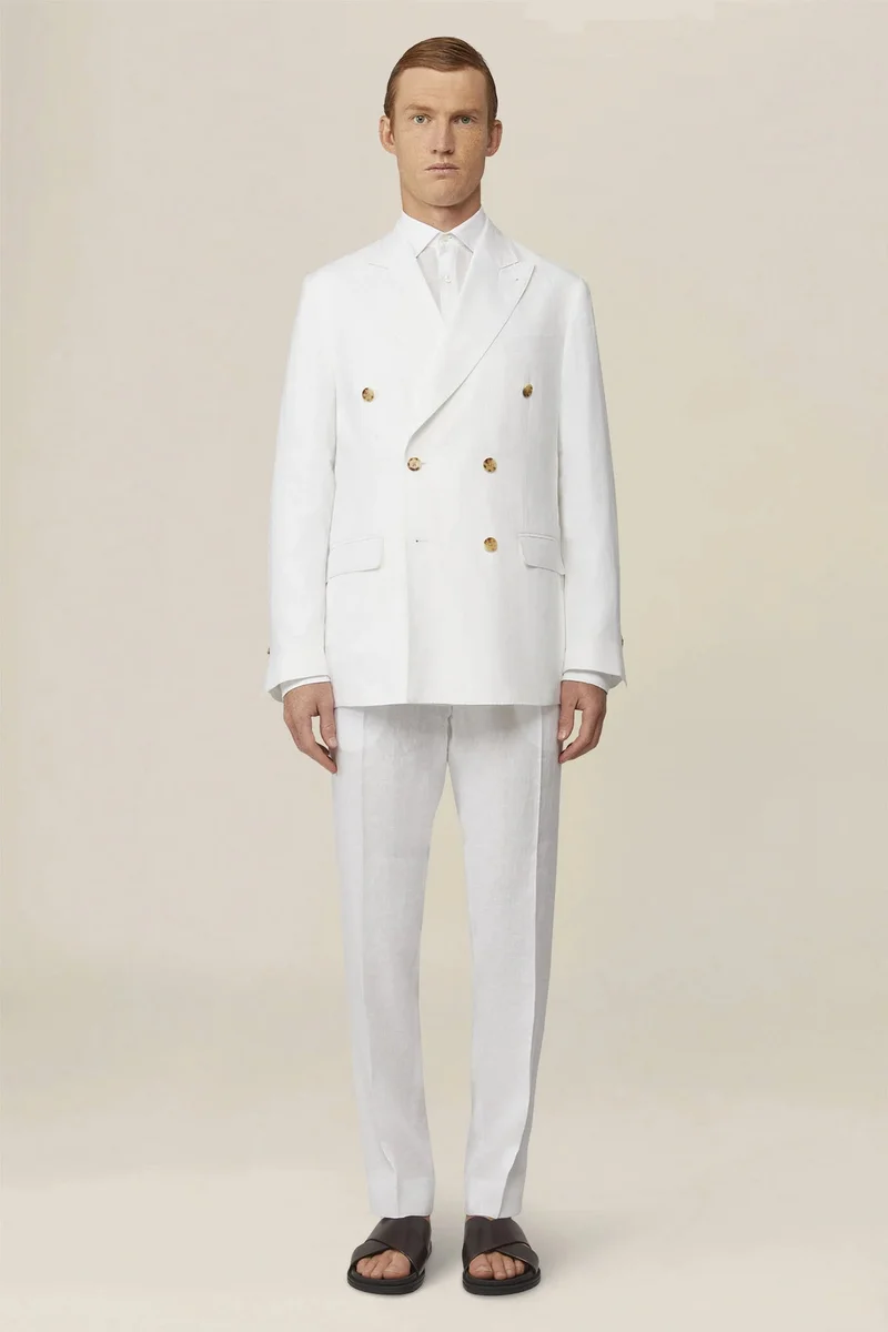 دوبل غانغر Men's double-breasted suit in 100% linen, regular fit - White