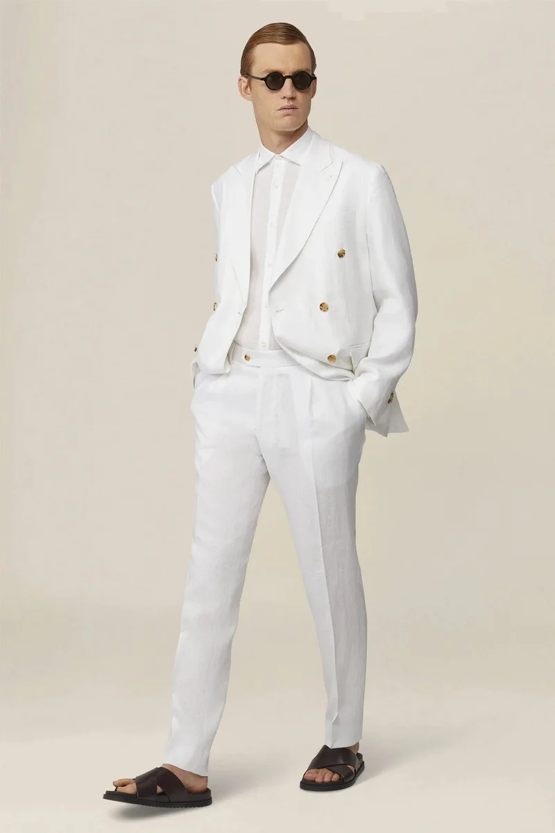 دوبل غانغر Men's double-breasted suit in 100% linen, regular fit - White