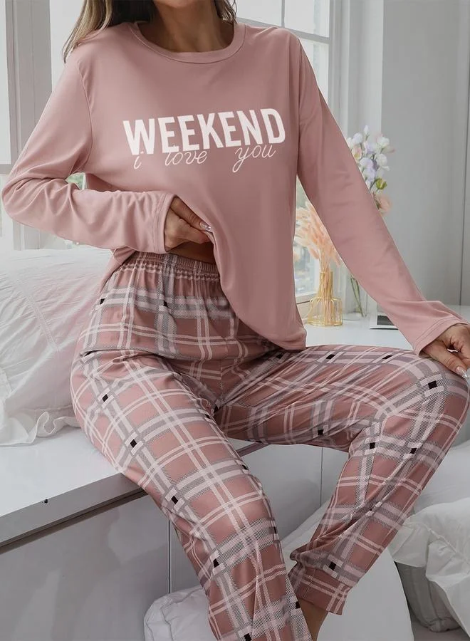 Take Two Pink Slogan Text Print T-Shirt and Checked Pyjama Set