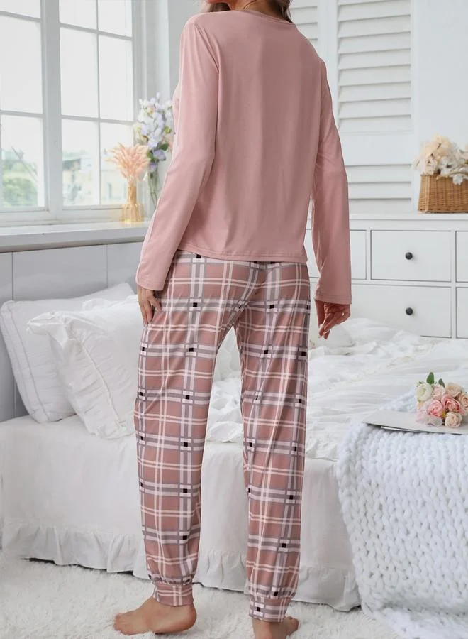 Take Two Pink Slogan Text Print T-Shirt and Checked Pyjama Set