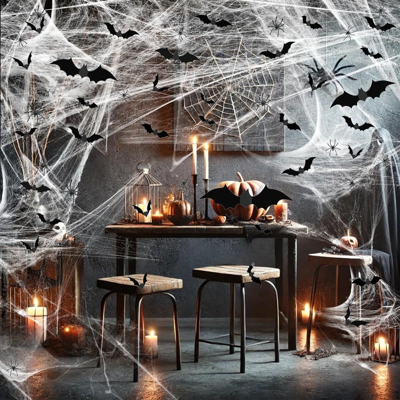Famoby 1200 sqft Halloween Spider Webs and 120pcs Fake Bats and 50pcs Fake Spiders Super Stretch Cobwebs Party Decorate for Halloween Theme Indoor and Outdoor Decoration - Image 5