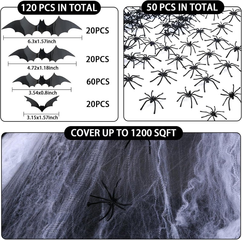Famoby 1200 sqft Halloween Spider Webs and 120pcs Fake Bats and 50pcs Fake Spiders Super Stretch Cobwebs Party Decorate for Halloween Theme Indoor and Outdoor Decoration - Image 2