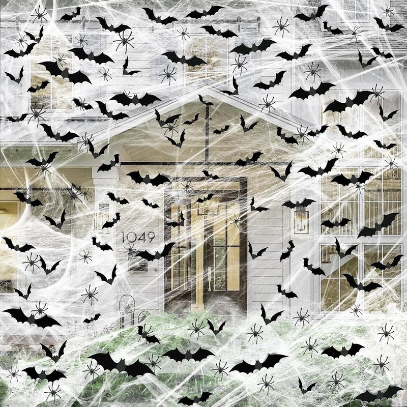 Famoby 1200 sqft Halloween Spider Webs and 120pcs Fake Bats and 50pcs Fake Spiders Super Stretch Cobwebs Party Decorate for Halloween Theme Indoor and Outdoor Decoration - Image 1