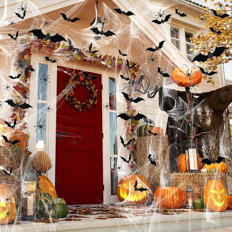 Famoby 1200 sqft Halloween Spider Webs and 120pcs Fake Bats and 50pcs Fake Spiders Super Stretch Cobwebs Party Decorate for Halloween Theme Indoor and Outdoor Decoration - Image 4