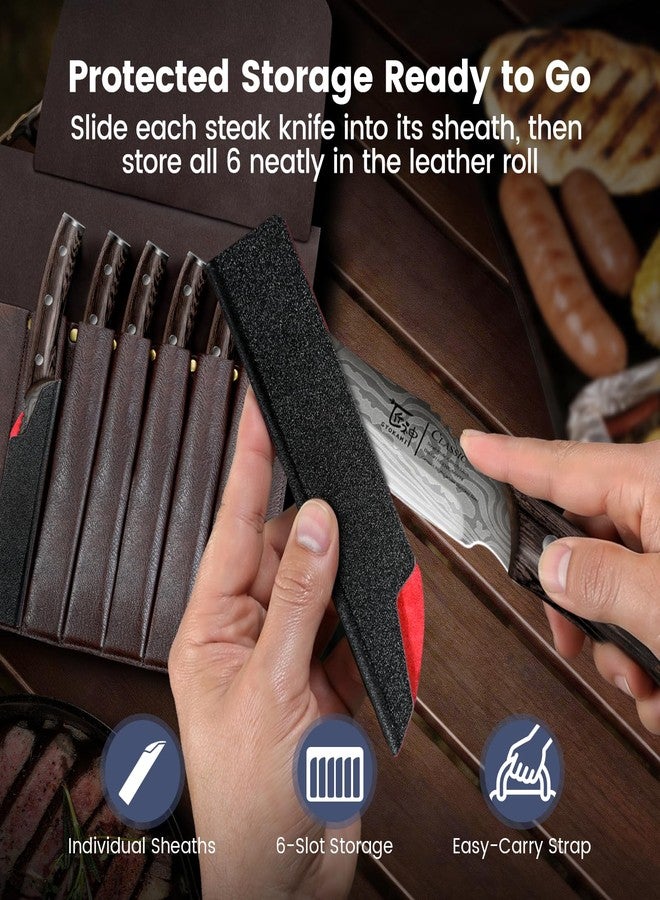SYOKAMI Steak Knives Set of 6 with Portable Leather Roll & Individual Sheaths, 4.8 Inch Non Serrated Dinner Knives, High Carbon Stainless Steel, Full Tang Wood Handle, Gift Box for BBQ Outdoor Dining - Image 3