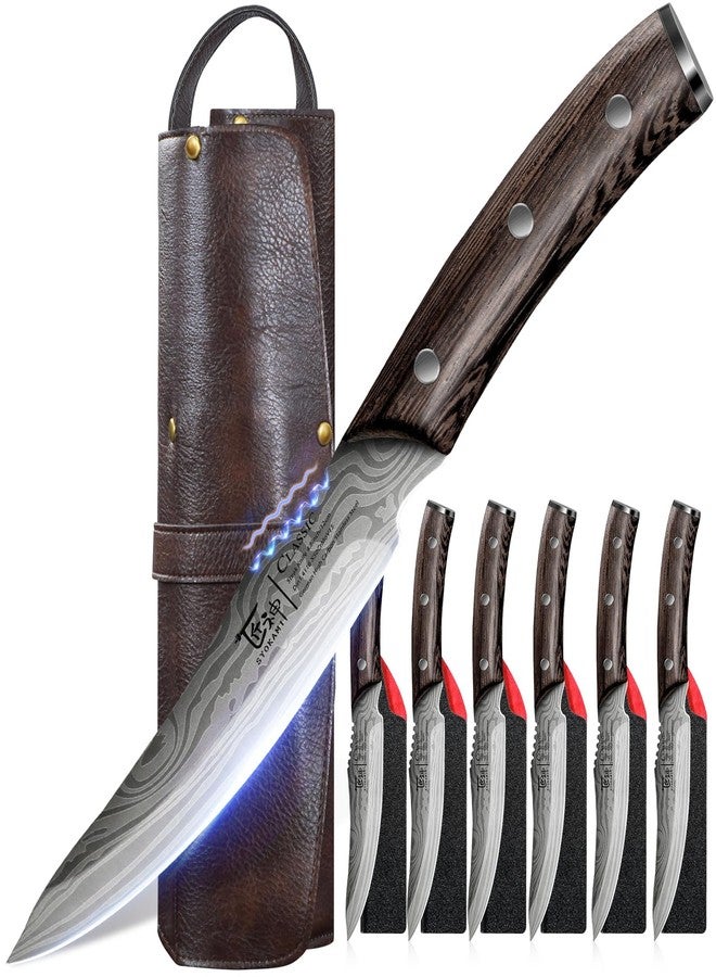 SYOKAMI Steak Knives Set of 6 with Portable Leather Roll & Individual Sheaths, 4.8 Inch Non Serrated Dinner Knives, High Carbon Stainless Steel, Full Tang Wood Handle, Gift Box for BBQ Outdoor Dining - Image 1