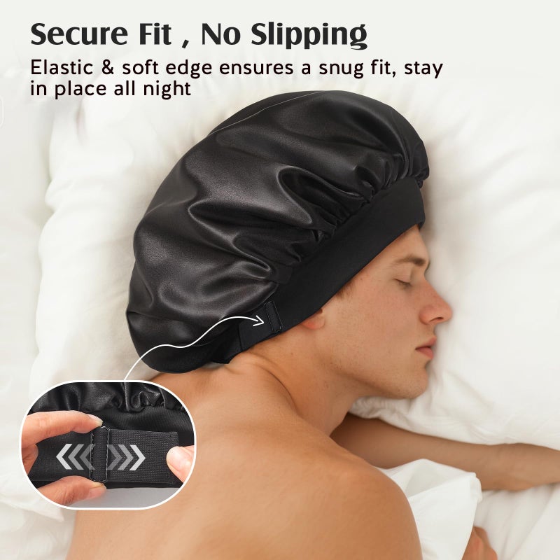 YFONG Real Mulberry Silk Bonnet, Double Layer Silk Lined Bonnet for Sleeping Women Men, Double Layer Adjustable & Non-Slip Sleep Cap, Black - Image 4