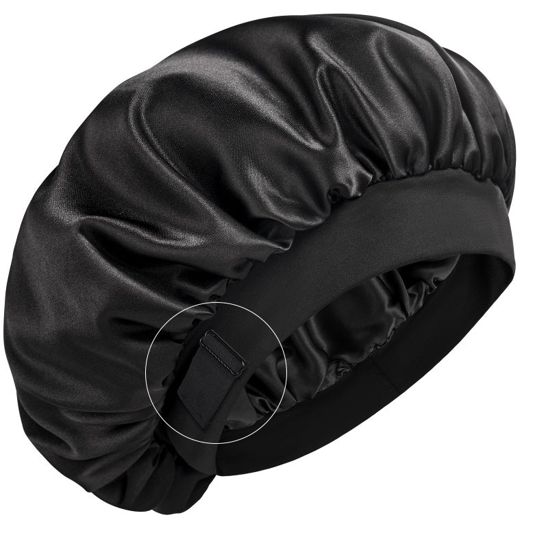 YFONG Real Mulberry Silk Bonnet, Double Layer Silk Lined Bonnet for Sleeping Women Men, Double Layer Adjustable & Non-Slip Sleep Cap, Black - Image 1