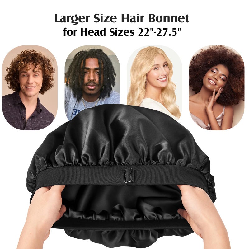 YFONG Real Mulberry Silk Bonnet, Double Layer Silk Lined Bonnet for Sleeping Women Men, Double Layer Adjustable & Non-Slip Sleep Cap, Black - Image 5